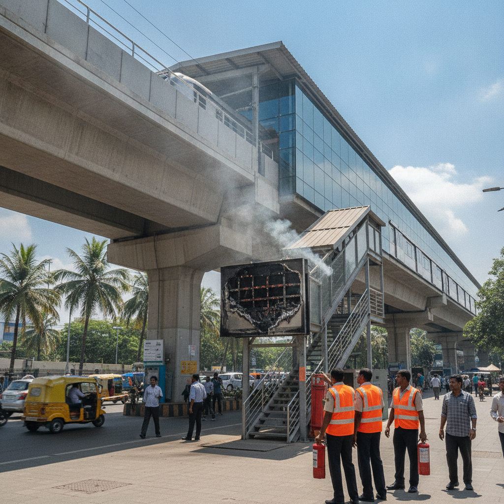 Fire at Nagasandra Metro Station Signboard Triggers Panic Among Commuters